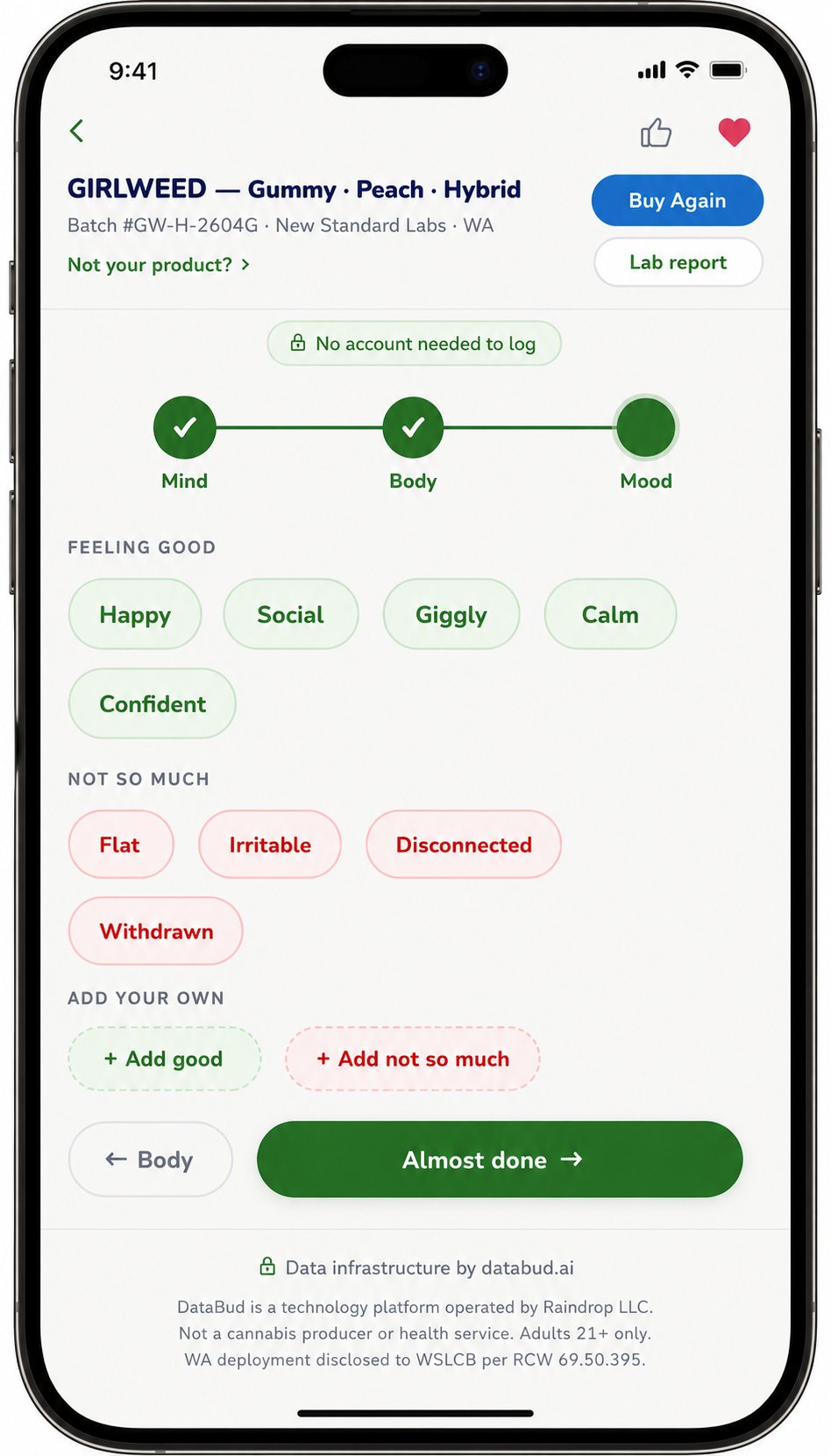 DataBud app — Mood panel showing tags like Happy, Social, Giggly, Calm.